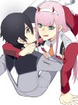  1boy 1girl black_hair blue_eyes boots candy couple darling_in_the_franxx food green_eyes hiro_(darling_in_the_franxx) holding_lollipop horns lips lollipop long_hair looking_at_another military military_uniform necktie oni_horns orange_neckwear pink_hair short_hair uniform white_footwear zero_two_(darling_in_the_franxx) zuwai_kani 
