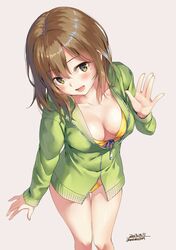  2018 :d bikini blush breasts brown_hair character_request cleavage collarbone dated green_eyes head_tilt highres long_hair medium_breasts mole mole_under_eye open_mouth partially_unzipped shiny shiny_skin signature smile standing sweater swimsuit unasaka_ryou white_background yellow_bikini 