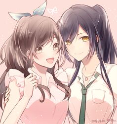  1girl 2girls :d bangs bare_arms black_hair blue_bow bow breasts brown_eyes brown_hair cleavage collarbone dog_tags frills hair_bow highres holding_another&#039;s_arm idolmaster idolmaster_shiny_colors jewelry large_breasts long_hair looking_at_viewer multiple_girls necktie open_mouth ponytail ribbon school_uniform shirase_sakuya shirt side-by-side skirt sleeveless smile solo tokitoba_ai tsukioka_kogane yellow_eyes 