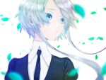  1other androgynous blurry_foreground colored_eyelashes eyebrows_visible_through_hair gem_uniform_(houseki_no_kuni) ghost_quartz_(houseki_no_kuni) grey_eyes grey_eyes grey_hair highres houseki_no_kuni leaf looking_away necktie short_hair silver_hair sparkle upper_body white_background white_eyes white_hair 