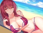  1girl bangs bare_shoulders beach bikini blush breasts cleavage collarbone eyebrows_visible_through_hair fate/grand_order fate_(series) feng_mouren hips large_breasts long_hair looking_at_viewer navel ocean purple_bikini purple_hair red_eyes scathach_(fate/grand_order) scathach_(swimsuit_assassin)_(fate) smile solo swimsuit waist 