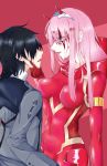  1boy 1girl absurdres black_hair blood blood_on_face couple darling_in_the_franxx face-to-face gloves hand_on_own_face highres hiro_(darling_in_the_franxx) horns long_hair looking_at_another military military_uniform oni_horns pilot_suit pink_hair red_gloves shenwuyue_xiaoye short_hair sweatdrop uniform zero_two_(darling_in_the_franxx) 