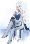  absurdres bare_shoulders blue_eyes boots drill_(emilio) gloves hair_bun high_heel_boots high_heels highres legs_crossed rwby silver_hair thigh-highs thigh_boots white_background winter_schnee 