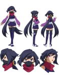  1girl ayame_(gundam_build_divers) black_hair black_legwear boots breasts covered_mouth elbow_gloves face_mask fingerless_gloves gloves gundam gundam_build_divers japanese_clothes knee_boots long_hair mask mask_removed medium_breasts multiple_views ninja official_art ponytail scarf thigh-highs very_long_hair violet_eyes zettai_ryouiki 