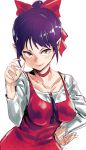  1girl :d bangs bow breasts choker collarbone eyelashes fang fingernails gegege_no_kitarou hair_bow hand_up hori_(hori_no_su) long_fingernails long_sleeves looking_at_viewer nekomusume nekomusume_(gegege_no_kitarou_6) open_mouth palms pointy_ears purple_hair red_bow red_choker sharp_fingernails shirt short_hair simple_background small_breasts smile solo teeth upper_body v-shaped_eyebrows white_background white_shirt yellow_eyes 