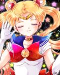  1girl back_bow bishoujo_senshi_sailor_moon black_background blonde_hair blue_sailor_collar bow brooch choker circlet closed_eyes crescent crescent_earrings double_bun earrings elbow_gloves facing_viewer gloves jewelry kurokuzu_(milkyway792) long_hair magical_girl red_bow red_neckwear sailor_collar sailor_moon sailor_senshi_uniform signature smile solo star starry_background tsukino_usagi twintails upper_body white_gloves 