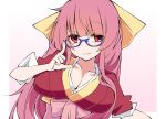  1girl absurdres adjusting_eyewear bespectacled breasts cleavage collarbone commentary glasses hair_ribbon highres japanese_clothes kamikaze_(kantai_collection) kantai_collection large_breasts long_hair looking_away pink_hair red_eyes ribbon sakakiba_misogi simple_background solo white_background 