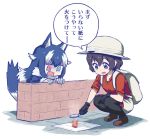  2girls animal_ears backpack bag bangs black_eyes black_gloves black_hair blue_eyes blue_hair brick brown_footwear bucket_hat burning commentary_request fire full_body fur_collar gloves grey_wolf_(kemono_friends) hair_between_eyes hair_flaps hat heterochromia holding hori_(hori_no_su) kaban_(kemono_friends) kemono_friends long_hair long_sleeves magnifying_glass multicolored_hair multiple_girls open_mouth pantyhose pantyhose_under_shorts paper red_eyes red_shirt shirt shoes short_hair short_sleeves shorts speech_bubble squatting tail tail_raised text_focus translation_request two-tone_hair v-neck v-shaped_eyebrows white_gloves white_hair white_hat white_shorts wolf_ears wolf_tail 