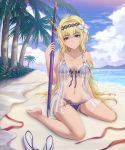  1girl absurdres barefoot beach bikini blonde_hair blue_eyes breasts collarbone diadem flower front-tie_bikini front-tie_top granblue_fantasy hair_flower hair_ornament head_tilt highres jeanne_d&#039;arc_(granblue_fantasy) light_blush lily_(flower) long_hair looking_at_viewer medium_breasts ocean palm_tree purple_bikini sandals_removed scabbard sheath side-tie_bikini sitting smile solo swimsuit sword tree wariza weapon yuki7128 