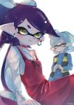  +_+ 2girls :3 aori_(splatoon) arm_support bangs black_hair blue_shirt blush buttons choker closed_mouth collared_shirt cosplay cousins dress dress_shirt earrings expressionless gegege_no_kitarou gem gradient_hair green_hair grey_hair head_tilt highres hoop_earrings hotaru_(splatoon) jewelry kashu_(hizake) kitarou kitarou_(cosplay) long_hair long_sleeves looking_at_viewer looking_to_the_side medium_hair mole mole_under_eye monster_girl multicolored_hair multiple_girls nekomusume_(gegege_no_kitarou_6) nekomusume_(gegege_no_kitarou_6)_(cosplay) open_clothes open_vest own_hands_together pink_hair pointy_ears reclining red_choker red_dress red_ribbon ribbon shirt short_eyebrows signature simple_background sleeveless sleeveless_dress smile splatoon splatoon_1 standing swept_bangs tentacle_hair vest white_background white_shirt yellow_eyes 