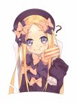  1girl :t ? abigail_williams_(fate/grand_order) aiee bangs black_bow black_dress black_hat blonde_hair blue_eyes blush bow bug butterfly cake chair closed_mouth dress eating fate/grand_order fate_(series) food food_on_face forehead fork hair_bow hat head_tilt highres holding holding_fork insect long_hair long_sleeves looking_at_viewer on_chair orange_bow parted_bangs polka_dot polka_dot_bow simple_background sitting sleeves_past_fingers sleeves_past_wrists slice_of_cake solo very_long_hair wavy_mouth white_background 