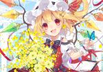  1girl bangs blonde_hair blue_background bouquet bug butterfly butterfly_hair_ornament fangs fingernails flandre_scarlet flower hair_ornament hairpin hat hat_ribbon head_tilt insect long_hair looking_at_viewer mob_cap open_mouth pointy_ears red_eyes red_skirt ribbon skirt skirt_set smile solo touhou toutenkou vest white_hat wings wrist_cuffs 