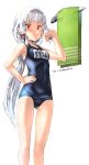  1girl alternate_hairstyle ass_visible_through_thighs blue_swimsuit breasts covered_navel cowboy_shot hair_ribbon hand_on_hip headgear highres kantai_collection long_hair looking_at_viewer mundane_utility murakumo_(kantai_collection) name_tag old_school_swimsuit one-piece_swimsuit ponytail red_eyes ribbon sakura_(medilore) school_swimsuit short_eyebrows sidelocks silver_hair simple_background small_breasts solo standing swimsuit towel towel_rack tress_ribbon very_long_hair wet white_background 