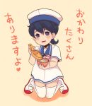  1girl black_hair blue_eyes bowl brown_hair commentary_request cosplay dress hat hiburi_(kantai_collection) hiburi_(kantai_collection)_(cosplay) highres houshou_(kantai_collection) kantai_collection kneeling open_mouth orange_background pako_(pousse-cafe) ponytail sailor_collar sailor_dress sailor_hat sand short_hair short_sleeves shovel simple_background solo translation_request white_dress worktool younger 
