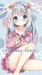  1girl bangs barefoot blue_eyes blush bow closed_mouth collarbone collared_shirt copyright_name dress_shirt eromanga_sensei eyebrows_visible_through_hair feet_out_of_frame hair_bow hand_up head_tilt holding holding_stylus izumi_sagiri legs long_hair long_sleeves looking_at_viewer mauve nose_blush pajamas pink_pajamas pink_shirt pink_shorts polka_dot polka_dot_background red_bow shirt short_shorts shorts sidelocks silver_hair sitting solo stylus very_long_hair 