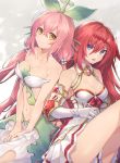  .com_(cu_105) 2girls bare_shoulders blue_eyes breasts cleavage closed_mouth gauntlets godguard_brodia granblue_fantasy hair_between_eyes hair_ornament long_hair looking_at_viewer low_twintails medium_breasts multiple_girls navel open_mouth pink_hair plant_girl redhead skirt smile twintails yellow_eyes yggdrasil_(granblue_fantasy) 