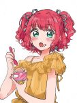  1girl :o aqua_eyes bangs black_ribbon blush commentary cup dochizame-chan_(araburumochi) earrings eyebrows_visible_through_hair food food_on_face frilled_shirt frills hair_ribbon holding holding_cup holding_spoon ice_cream_cup jewelry jpeg_artifacts kurosawa_ruby lace lace-trimmed_shirt looking_at_viewer love_live! love_live!_sunshine!! nail_polish pink_nails redhead ribbon shirt simple_background solo spoon two_side_up upper_body white_background yellow_shirt 