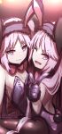 2girls ;d animal_ears bangs bare_shoulders black_legwear blush breasts bunny_girl bunny_tail bunnysuit cleavage euryale eyebrows_visible_through_hair fake_animal_ears fate/grand_order fate/hollow_ataraxia fate_(series) fur-trimmed_gloves fur_trim gloves hairband head_tilt highres index_finger_raised leotard long_hair looking_at_viewer looking_to_the_side multiple_girls one_eye_closed open_mouth pantyhose parted_lips purple_gloves purple_hair purple_hairband purple_legwear rabbit_ears sitting sketch small_breasts smile stheno strapless strapless_leotard tail very_long_hair violet_eyes wada_kazu wariza 