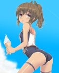  1girl ass bangs bare_arms bare_shoulders black_swimsuit blue_sky breasts brown_eyes clouds condensation_trail day eyebrows_visible_through_hair food from_side highres holding holding_food i-401_(kantai_collection) ice_cream ice_cream_cone kantai_collection leaning_forward legs_apart looking_at_viewer looking_to_the_side noveske_n4 one-piece_swimsuit orange_sailor_collar ponytail ribbon sailor_collar school_swimsuit shiny shiny_hair shirt short_hair sidelocks sky sleeveless sleeveless_shirt small_breasts solo standing swimsuit tare_(tonikaku_magaru) thigh_strap white_ribbon white_shirt 