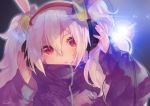  1girl animal_ears arms_up azur_lane bangs closed_mouth commentary_request hair_between_eyes hair_ornament hairband hands_on_headphones head_tilt headphones jacket karinto_yamada laffey_(azur_lane) long_hair long_sleeves looking_at_viewer purple_jacket rabbit_ears red_eyes red_hairband signature silver_hair sleeves_past_wrists solo twintails 