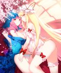  2girls ass bare_legs bare_shoulders blonde_hair blue_hat blue_kimono bottomless bow breasts detached_collar flower hat hat_ribbon highres japanese_clothes kimono large_breasts leg_garter long_hair looking_at_viewer lying mob_cap multiple_girls navel o-ring_bottom off-shoulder_shirt orange_eyes panties pink_hair red_bow red_ribbon ribbon roh_nam_kyung saigyouji_yuyuko shirt smile sparkle touhou triangular_headpiece underwear veil very_long_hair white_flower white_hat white_panties white_shirt wrist_ribbon yakumo_yukari 