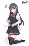  1girl asashio_(kantai_collection) belt black_hair black_legwear blue_eyes commentary_request dated dress full_body highres kantai_collection long_hair long_sleeves meguru_(megurunn) neck_ribbon pinafore_dress red_ribbon remodel_(kantai_collection) ribbon shirt simple_background solo thigh-highs twitter_username white_background white_shirt 