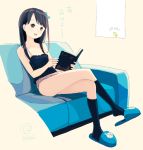 1girl :d animal bare_arms bare_shoulders bird black_camisole black_legwear blue_footwear book bow bow_panties brown_eyes brown_hair camisole collarbone couch head_tilt highres holding holding_book kneehighs kokudou_juunigou legs_crossed on_couch open_book open_mouth original panties pink_panties polka_dot polka_dot_camisole reclining signature sitting slippers smile solo translation_request underwear upper_teeth 