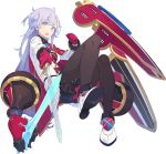  &gt;:o 1girl ahoge black_legwear caerphilly_(oshiro_project) cape clenched_hand full_body gloves holding holding_sword holding_weapon lavender_eyes lavender_hair long_hair looking_at_viewer mk_(masatusaboten) official_art oshiro_project oshiro_project_re pantyhose pleated_skirt red_cape red_gloves sheath sheathed skirt solo sword transparent_background weapon white_footwear white_skirt 