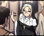  1girl 3boys black_hair blonde_hair blue_eyes cross door glasses jewelry leaning_forward multiple_boys necklace nun original sblack semi-rimless_eyewear short_hair 