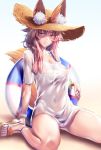  1girl animal_ears blush breasts collarbone ears_through_headwear fate/grand_order fate_(series) fox_ears fox_tail hat innertube large_breasts long_hair looking_at_viewer matsunaga_garana parted_lips pink_hair sandals see-through shirt short_sleeves sitting solo straw_hat swimsuit tail tamamo_(fate)_(all) tamamo_no_mae_(swimsuit_lancer)_(fate) wariza wet wet_clothes wet_shirt white_background white_shirt wristband 