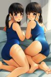  2girls :d ass bangs bare_legs bare_shoulders barefoot black_eyes black_hair blue_swimsuit blush competition_swimsuit cushion day eyebrows_visible_through_hair feet_out_of_frame from_behind highres indoors long_hair looking_at_viewer looking_back low_twintails matsunaga_kouyou multiple_girls one-piece_swimsuit open_mouth original smile soles swimsuit tareme toes trefoil twintails 