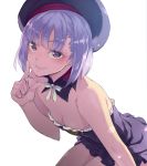  1girl bangs bare_shoulders beret black_hat black_swimsuit blunt_bangs blush breasts casual_one-piece_swimsuit cleavage closed_mouth detached_collar downblouse eyebrows_visible_through_hair fate/grand_order fate_(series) frilled_swimsuit frills hat helena_blavatsky_(swimsuit_archer)_(fate) index_finger_raised kawaty leaning_forward looking_at_viewer one-piece_swimsuit purple_hair ribbon shiny shiny_hair short_hair simple_background sitting small_breasts smile solo strapless strapless_swimsuit swimsuit violet_eyes white_background white_ribbon 