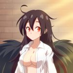  1girl ahoge black_hair breasts brick_wall brown_hair cato_(monocatienus) commentary_request hair_between_eyes large_breasts long_hair looking_at_viewer messy_hair open_mouth red_eyes reiuji_utsuho shirt smile solo touhou upper_body white_shirt 