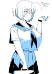  1girl ahoge alternate_hairstyle breasts highres huge_ahoge komusou_(jinrikisha) large_breasts looking_at_watch monochrome ooba_minori original parted_lips school_uniform serafuku short_hair simple_background skirt solo translation_request watch white_background 