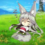  1girl :o absurdly_long_hair animal_ears bangs blue_sky chibi closed_eyes clouds day eyebrows_visible_through_hair fox_ears fox_girl fox_tail grass hair_between_eyes japanese_clothes kimono long_hair long_sleeves lying obi on_back on_grass original outdoors parted_lips sash silver_hair sky sleeping solo tail tree very_long_hair white_kimono wide_sleeves yuuji_(yukimimi) zzz 