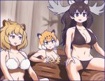  3girls :d animal_ears animal_print antlers bare_arms bare_shoulders bikini blonde_hair blue_border border breasts brown_bikini brown_eyes brown_hair cleavage collarbone commentary_request gradient_hair groin hands_on_own_knees hori_(hori_no_su) jaguar_(kemono_friends) jaguar_ears jaguar_print kemono_friends large_breasts legs_apart lion_(kemono_friends) lion_ears log long_hair midriff moose_(kemono_friends) moose_ears multicolored_hair multiple_girls navel no_nose open_mouth orange_bikini print_bikini shadow short_hair sitting smile stomach swimsuit two-tone_hair white_bikini white_hair yellow_eyes 