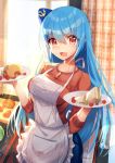  1girl alternate_costume apron bison_cangshu blue_hair blue_pants breasts eyebrows_visible_through_hair food food_on_face hat highres holding holding_plate indoors long_hair long_sleeves looking_at_viewer medium_breasts mini_hat open_mouth pants plate quincy_(zhan_jian_shao_nyu) red_eyes red_shirt shirt solo zhan_jian_shao_nyu 