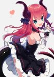  1girl :d asymmetrical_horns bangs bare_shoulders black_dress blue_ribbon blush commentary_request cowboy_shot curled_horns detached_sleeves dragon_girl dragon_horns dragon_tail dress elizabeth_bathory_(fate) elizabeth_bathory_(fate)_(all) eyebrows_visible_through_hair fang fate/extra fate_(series) green_eyes grey_background hair_between_eyes hair_ribbon hand_up heart highres horns ikeuchi_tanuma long_hair long_sleeves looking_at_viewer looking_to_the_side open_mouth pink_hair pointy_ears ribbon sidelocks sleeveless sleeveless_dress smile solo tail two_side_up very_long_hair 