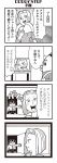  3girls 4koma :&gt; :3 bangs bkub blunt_bangs blush calimero_(bkub) chakapi comic emphasis_lines greyscale highres honey_come_chatka!! jacket jewelry monochrome multiple_girls necklace open_door scarf scrunchie shirt short_hair simple_background smug speech_bubble talking television topknot translation_request triangle_mouth watching_television white_background 