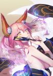  1girl animal_ears artist_name breasts fate/extra fate/grand_order fate_(series) fox_ears freze from_side highres holding japanese_clothes looking_at_viewer nail_polish pink_hair smile solo tamamo_(fate)_(all) tamamo_no_mae_(fate) yellow_eyes 