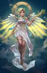  1girl alternate_costume anna_lynn artist_name blonde_hair blue_eyes blue_sky breasts clouds cloudy_sky commentary dress english_commentary feathered_wings full_body head_wreath high_ponytail holding holding_staff laurel_crown logo looking_at_viewer mechanical_wings medium_breasts mercy_(overwatch) nose overwatch pelvic_curtain pink_lips sandals short_hair short_sleeves signature sky solo staff toes toga white_dress winged_victory_mercy wings yellow_wings 