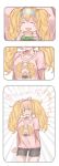  1girl 3koma :d arm_behind_back az_toride blonde_hair blue_eyes blush casual closed_eyes comic commentary_request contrapposto crying crying_with_eyes_open emphasis_lines food gambier_bay_(kantai_collection) hairband hamburger highres kantai_collection long_hair open_mouth smile solo tears translation_request twintails 