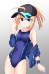  1girl artoria_pendragon_(all) baseball_cap blonde_hair blue_eyes blue_jacket breasts collarbone competition_swimsuit cross_(crossryou) fate/grand_order fate_(series) gradient gradient_background hair_through_headwear hat highres jacket looking_at_viewer medium_breasts mysterious_heroine_x one-piece_swimsuit open_clothes open_jacket short_hair smile solo standing swimsuit track_jacket 