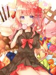  1girl :o animal_ears apple_slice arm_behind_back arm_up black_serafuku blue_eyes blueberry bow bread candy cat_ears cat_tail cheesecake floral_background food fruit hair_ribbon heart heart_tail highres jelly_bean kiwi_slice lollipop long_hair looking_at_viewer macaron melon_bread multiple_tails orange orange_slice original oversized_object petticoat pie pink_hair pocky red_bow red_neckwear ribbon school_uniform serafuku short_sleeves side_ponytail sitting solo strawberry sweetroad swirl_lollipop tail white_background 