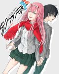  1boy 1girl absurdres back-to-back black_hair blue_eyes couple darling_in_the_franxx green_eyes green_pants green_skirt grey_jacket hand_holding highres hiro_(darling_in_the_franxx) horns jacket long_hair looking_back oni_horns open_clothes open_jacket pants pink_hair red_scarf scarf school_uniform short_hair skirt trulymoon zero_two_(darling_in_the_franxx) 