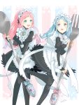  2girls apron artist_name blue_eyes blue_hair bow brown_eyes felicia_(fire_emblem_if) fire_emblem fire_emblem_if flora_(fire_emblem_if) long_hair maid maid_apron maid_headdress multiple_girls open_mouth pink_hair ponytail siblings sisters thigh-highs twintails 