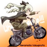  1girl anchovy anzio_military_uniform bangs belt black_cape black_footwear black_ribbon boots brown_belt cape drill_hair driving eyebrows eyebrows_visible_through_hair from_side full_body girls_und_panzer gradient gradient_background green_hair green_pants green_shirt grin ground_vehicle hair_between_eyes hair_ribbon highres index_finger_raised leaning leaning_forward long_hair long_sleeves military military_uniform motor_vehicle motorcycle multicolored multicolored_background orange_background pants pocket red_eyes ribbon shirt sideways_mouth sitting smile solo strap tom_(drpow) twin_drills uniform v-shaped_eyebrows wheelie white_background 