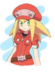  1girl bangs belt blonde_hair blush breast_pocket capcom hat long_hair looking_at_viewer looking_to_the_side muu_(mumumer) pocket red_hat rockman rockman_dash roll_caskett short_sleeves sidelocks smile solo upper_body zipper zipper_pull_tab 