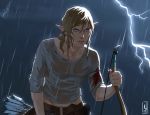  1boy arror belt belt_buckle blonde_hair blood blood_on_face bloody_clothes blue_eyes bow_(weapon) buckle clouds cloudy_sky collarbone coralie_jubenot dated earrings grey_shirt holding holding_bow_(weapon) holding_weapon jewelry lightning link lips long_hair male_focus outdoors parted_lips pink_hair quiver rain see-through shirt signature sky solo the_legend_of_zelda the_legend_of_zelda:_breath_of_the_wild upper_body weapon wet wet_clothes wet_shirt 