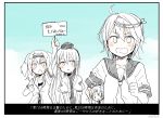  4girls annin_musou carrying_under_arm comic commentary_request diving_suit garrison_cap hair_ornament hair_ribbon hairband hat holding holding_sign i-19_(kantai_collection) i-26_(kantai_collection) i-58_(kantai_collection) kantai_collection long_hair multiple_girls neckerchief open_mouth ribbon school_uniform serafuku short_sleeves sign translation_request twintails u-511_(kantai_collection) wide-eyed 